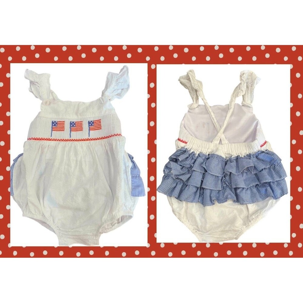 Everyday Heirloom 2/3 July 4 America Flag Patriotic Seersucker Smocked Bubble